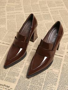 2025 春季新款尖头低跟高跟鞋，优雅简约时尚女鞋，棕色粗跟浅口鞋 - 酒紅色 - 查看 2