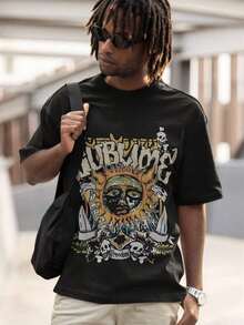 Retro Face Skull Print, Men's-Shirt, SUBLIM Band Style Theme Loose Short Sleeved Shirt - 黑色 - 查看 2