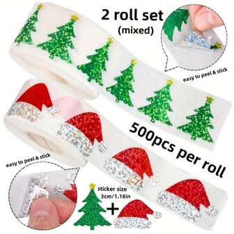 2 rollos de 1000 pegatinas navideñas surtidas, árbol de Navidad verde holográfico de 3 cm/1,18 pulgadas y rollos de pegatinas autoadhesivas con gorro de Papá Noel rojo, pegatinas decorativas navideñas, sellos para envolver regalos de Navidad, pegatinas decorativas, pegatinas de PVC resistentes al agua adecuadas para Navidad
