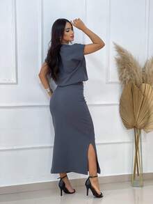 Women's Cropped Top And Long Skirt Set - Grey - View 3