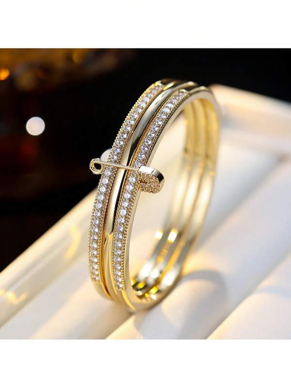 3-Layer Stacked Bracelet With Synthetic Zirconia Stones, Fashionable & Elegant Design Jewelry (No Box)