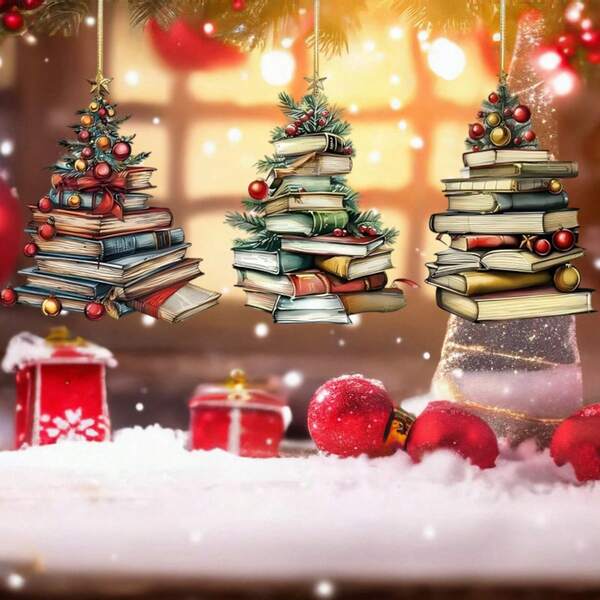 Book Christmas Tree Ornaments Cute Stacked Book Ornaments 2D Hanging Decorations For Home