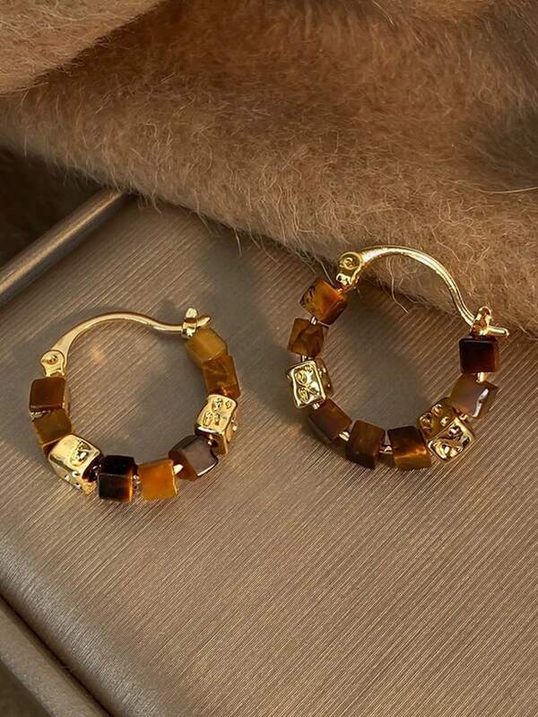 1 Pair Vintage Elegant High-End Unique Brown Square Tiger Eye Beaded Design Fashion Versatile Hoop Earrings, Suitable For Women's Daily, Commute, Festivals, Parties