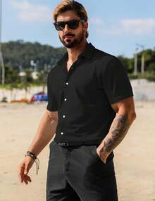 Camisas casuales de vestir de manga corta con botones y cuello para hombres, de estilo casual y elásticas, de la marca URRU - Negro - Ver 4