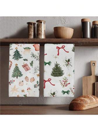 2pcs Christmas Watercolor Christmas Tree, Christmas Gift, Candy Bow Berry Print Kitchen Towels, Super Soft Absorbent Dish Cloths, Modern Cleaning Rags For Cooking Baking, Tea Towels, Suitable For Restaurant Kitchen, Christmas Holiday Decor And Gifts