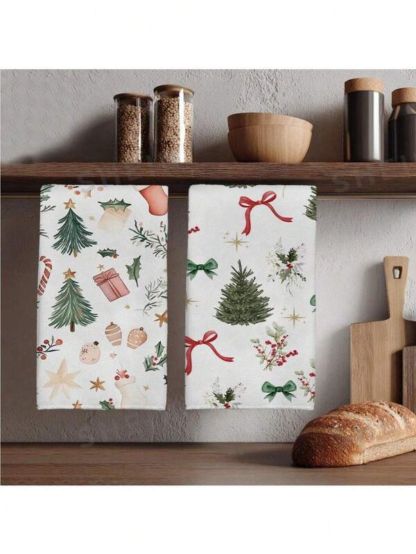 قطعتان من مناشف المطبخ ذات طباعة شجرة عيد الميلاد المائية، هدايا عيد الميلاد، الحلوى والفيونكة والتوت، مناشف ناعمة وماصة، قطع تنظيف حديثة للطهي والخبز، مناشف الشاي، مناسبة للمطاعم والمطابخ المنزلية، ديكور وهدايا عيد الميلاد