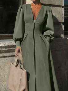Pleated Pocket Solid Color Zipper A-Line Long Sleeve V-Neck Midi Dress, Women's Autumn Dress, Retro Elegant Long Sleeve Waisted Dress, Olive Green Long Sleeve Dress - Olive Green - View 4