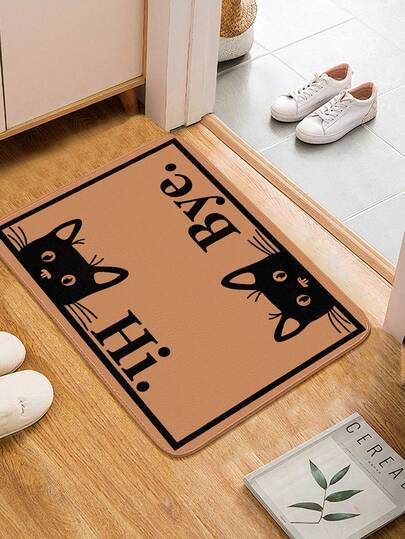 1pc Cute Black Cat Pattern Doormat, Simple Flannel Rectangular Washable Non-Slip Bath Mat, Soft Skin-Friendly Thick Absorbent Decorative Carpet, Suitable For Kitchen, Laundry Room, Game Room, Hallway, Farmhouse, Patio, Balcony, Porch, Living Room, Indoor Entrance, Office, Party Decor, Celebration Venue, Entryway