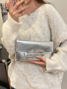 1 件时尚银色裂纹 PU 信封手拿包，适合女性日常、约会、晚会 - 銀色 - 查看 3