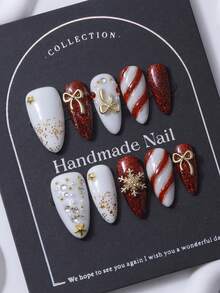 10片/套按压式美甲，杏仁形美甲片，圣诞主题设计，手绘3D圣诞树，可挤压雪人装饰，镶嵌蝴蝶结，Y2K风格，以及性感女孩风格。这些奢华纯手工美甲散发着优雅气质，适合女士和女孩。 - 彩色 - 查看 3