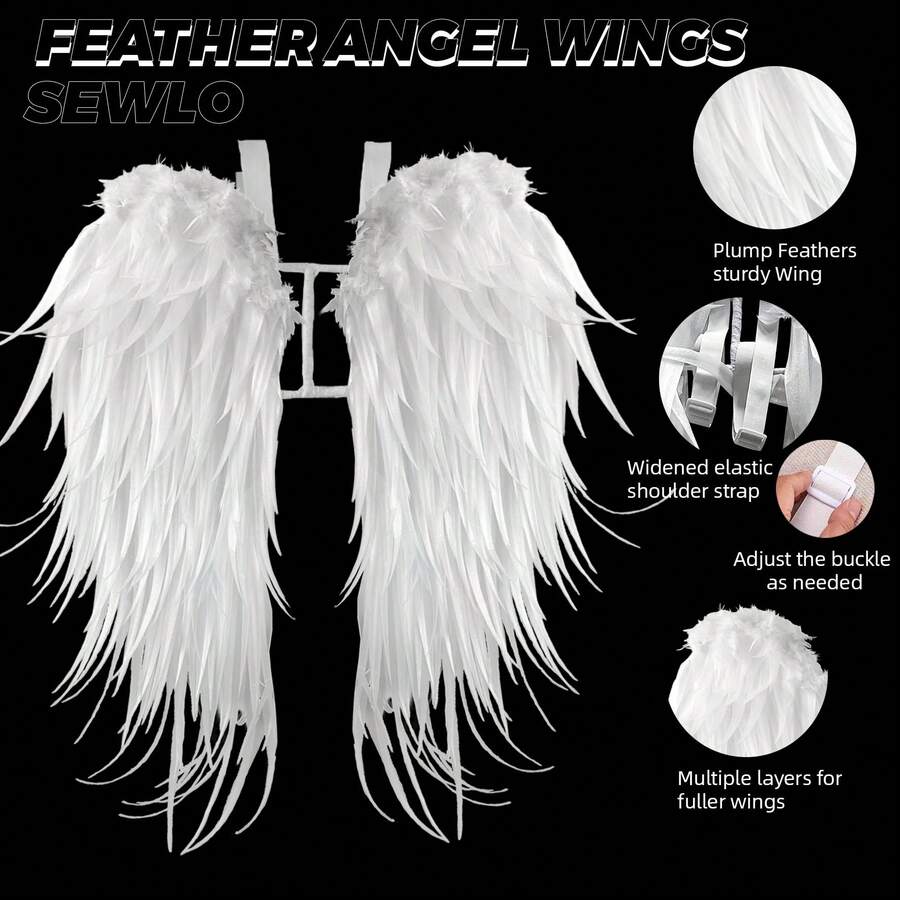 SEWLO Feather Angel Wings - Plump, Sturdy DIY Costume Wings For Halloween, Christmas, And Cosplay With Adjustable Straps - trắng - Xem 1