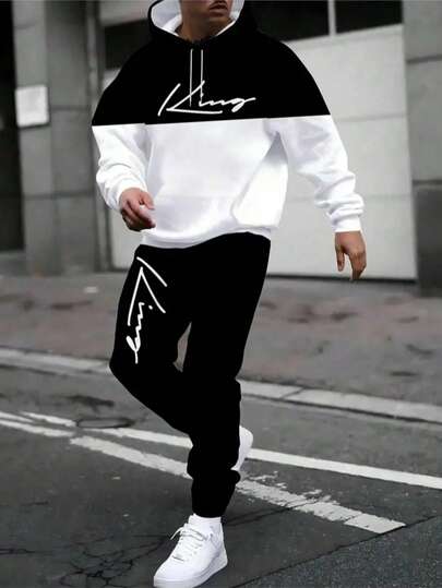 2pcs Men's King Logo Contrast Color Tracksuit, Slim Fit Hoodie Sweatshirt And Sweatpants Set, Suitable For Sports/Outdoor/Running