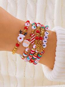 8Pcs Christmas Themed Charm Bracelet Set,Women's Jewelry Set For Party,Festival Gift For Family&Friends,Santa&Snowflake&Candy Cane&Heart&Star