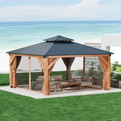 Hardtop Spruce Wood Gazebo 10'x10', With Double Roof Of Metal Sheets, 4.7'' Heavy Duty Poles, Net, And Curtain, Permanent Building For Patio, Deck, Backyard, Lawn, And Garden, Khaki