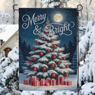 1pc Double-Sided Christmas Garden Flag With Gifts Under Tree & Full Moon Design - Merry & Bright Lettering, Snowy Evergreen Tree With Red Ornaments & White Snowflakes, Durable Waterproof Polyester 12x18 Inch Outdoor Yard Decoration For Holiday Season (No Flagpole Included) - All-Weather Festive Porch, Garden Flag Double Sided,