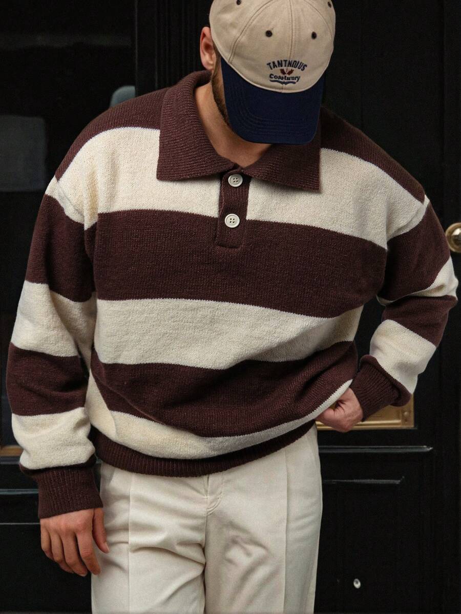 Autumn/Winter Korean Style Casual Striped Contrast Color Polo Collar Lightweight Slim Fit Pullover Knit Top