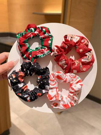 4 piezas Scrunchies de pelo multicolor de Navidad, Scrunchies de pelo rizado con elementos navideños, Sujetadores de cola de caballo, Bandas elásticas para el cabello, Gomas de pelo, Lazos de pelo