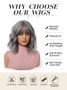 Peluca corta ondulada y rizada de 14 pulgadas en gris con flequillo, cabello corto y rizado, hermosa, elegante y encantadora, hecha de fibra sintética, resistente al calor, adecuada para uso diario, fiestas, vacaciones, cosplay y otras ocasiones, un regalo perfecto para damas. - Gris - Ver 7