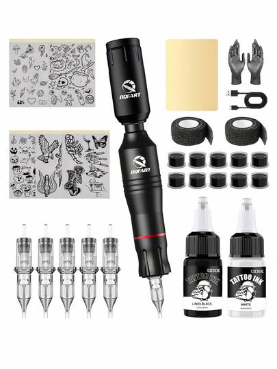 DQFART Wireless Tattoo Gun Kit, Includes Tattoo Pen, 1 Tattoo Battery, 1 Bottle Of 20ml Black Tattoo Ink, 1 Bottle Of 20ml White Tattoo Ink, 5 Tattoo Needles, 5 Tattoo Transfer Papers, Practice Skin, Complete Tattoo Supplies Set, Suitable For Beginners