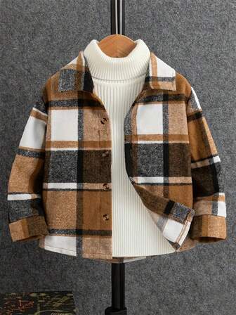 Camisa de manga larga con cuello de botones a cuadros para niños pequeños, diseño de cuello clásico, tela de poliéster suave, perfecta para primavera y otoño | Camisa a cuadros clásica | Camisa con cuello estructurado