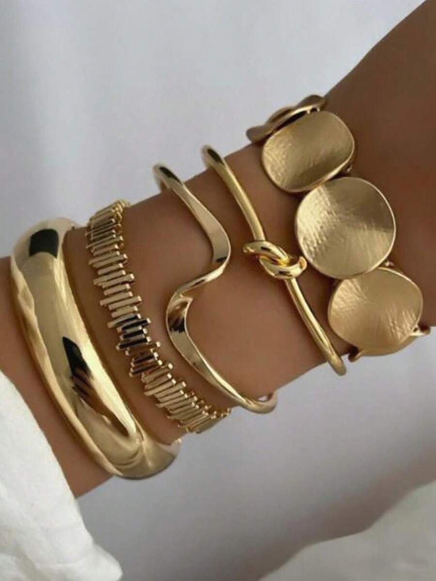 5pcs/Set Vintage Minimalist Chain Bracelet, Fashion Mixed Style Open Bangle Wrist Accessories