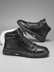 秋季男士高帮靴休闲皮靴百搭英伦复古靴（鞋面线条图案随机，条纹随机，字母随机，鞋舌字母和图案随机）