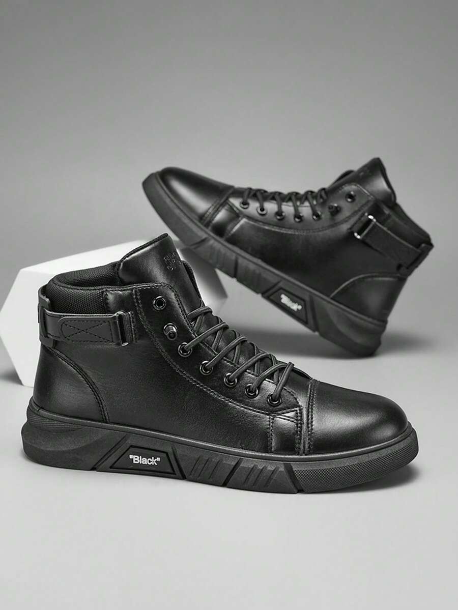 秋季男士高帮靴休闲皮靴百搭英伦复古靴（鞋面线条图案随机，条纹随机，字母随机，鞋舌字母和图案随机）