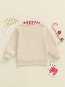 Sudadera navideña para niño pequeño con bordado de hombre de jengibre, manga larga, solapa, cremallera frontal, suéter holgado - Caqui - Ver 7