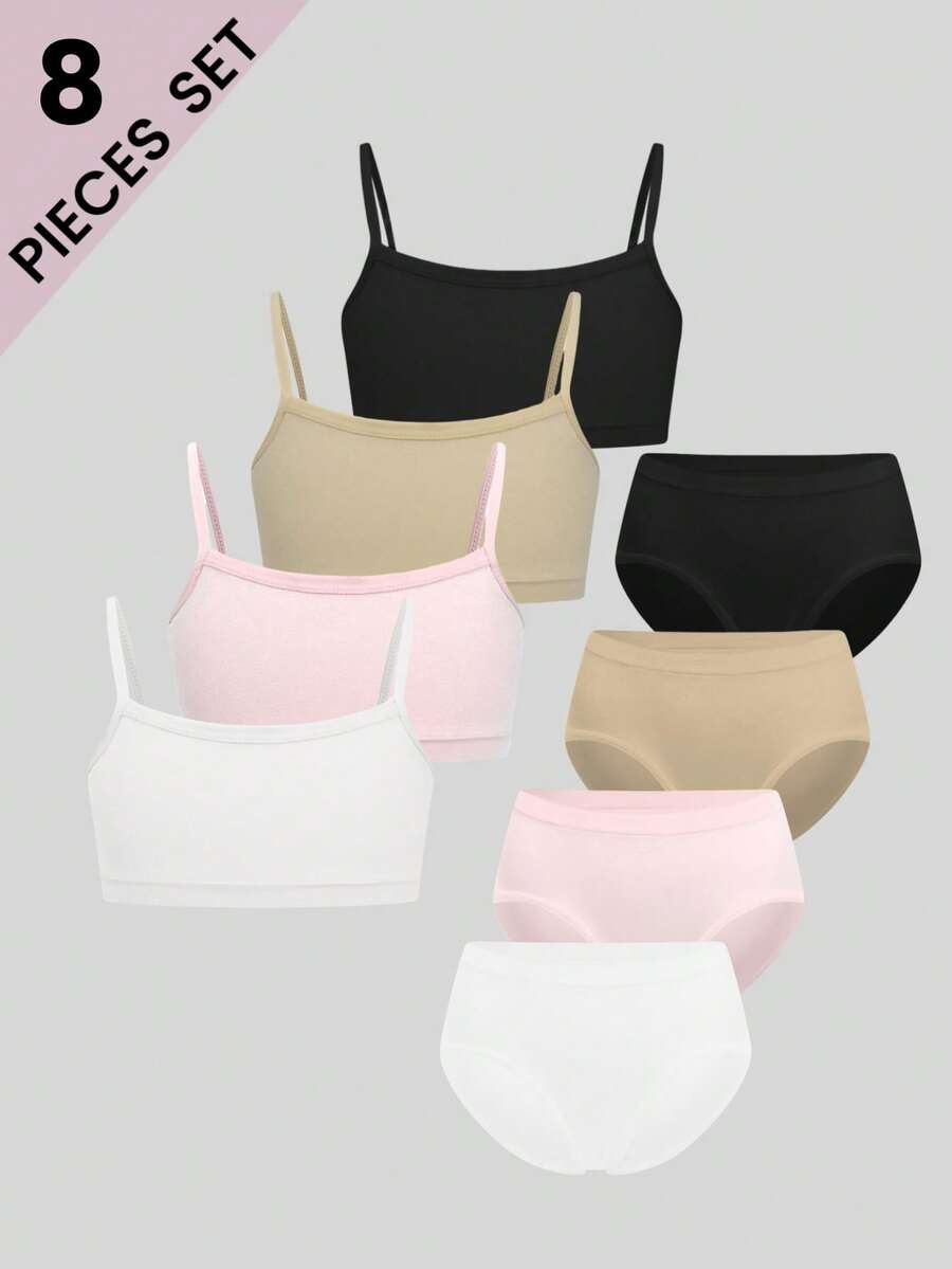 4pcs/Set Girls' Minimalist Fashion Camisole Bralette And Seamless Comfortable Bikini Panty Set - Multicolor - View 1