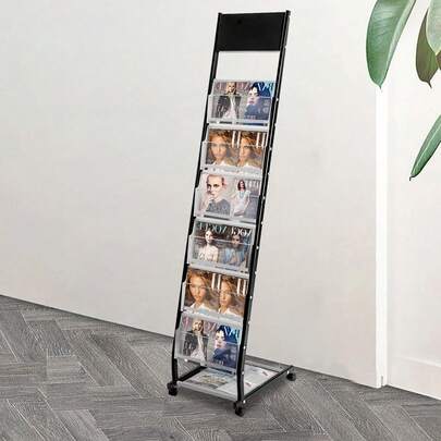 Revistero móvil de 6 niveles con capacidad de 50 kg y 4 ruedas, soporte para libros en blanco y negro de 32 x 39 cm para oficina o biblioteca (2 ruedas con freno)