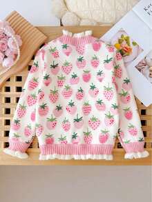M.Dian xi Girls V-Neck Cardigan, 2025 Spring & Autumn New Korean Version Children's Clothing, Lace Strawberry Fleece Sweater, Children's Winter Warm Jacket