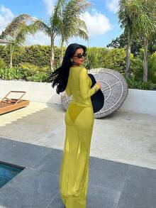 女式性感紧身网眼透视露肩长袖连衣裙，夏季 - 黃色 - 查看 3