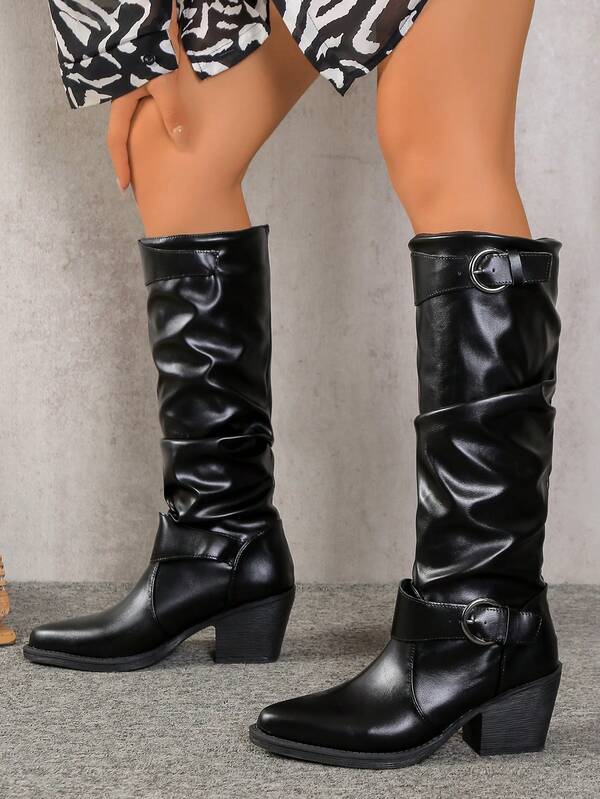 Women's Black Fashion Mid-Calf Boots, Single-Lined, Spring/Autumn Dress Boots, New Buckle Design, European & American Niche, Thick Heel, Thick Sole, Lightweight, Western Ruched, Autumn/Winter Retro Motorcycle Boots, Slimming Riding Boots