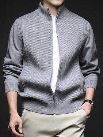 Men's Autumn/Winter Cardigan Sweater, Stand Collar Casual Style, Business/Commute Inner Layer Or Outerwear Zip-Up Knit Top, Long Sleeve Top
