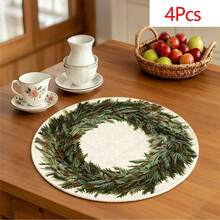 1 件/套，松枝花环图案，圆形，圣诞亚麻餐垫，14 英寸 * 14 英寸季节性厨房餐桌装饰桌布，圣诞派对装饰，家居装饰 - 綠色 - 查看 9