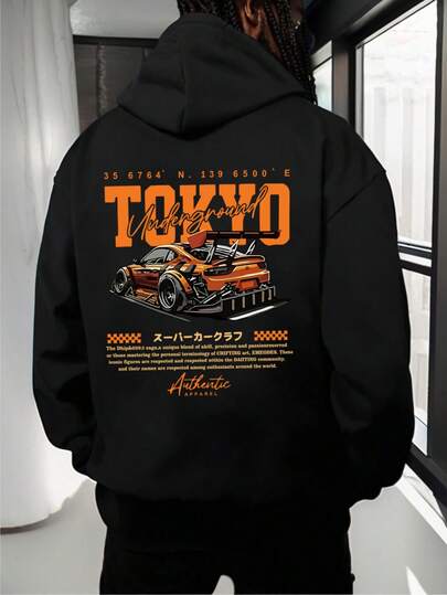 Plus Size Men's Casual Minimalist Black Sweatshirt, Daily, Orange Racing Car Graphic Print Sweatshirt, Fall, Long Sleeve Top