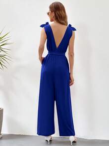 Jumper Para Dama Unicolor Con Cinturón,Elegante Mono Casuales De Pierna Ancha De Cuello V Con Abertura En La Espalda - Azul - Ver 2