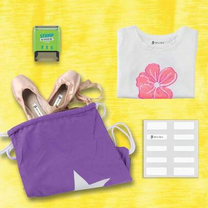 Sello textil Trodat Stamp and Stick, kit con etiquetas, cinta para ropa y set de letras, números e iconos, 3 líneas de texto, altura 4mm, tinta negra