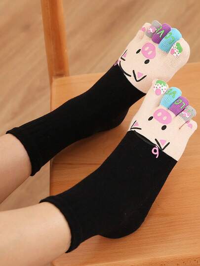 1 Pair Women's Personalized Five-Toe Socks, Colorful Cartoon Mid-Calf Socks, Suitable For Daily Wear, Parties, Performances, Gifts