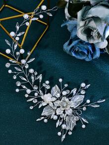 1pc Elegant Women's Headpiece, Alloy Flower Faux Pearl Rhinestone Headband, Bridal Headpiece, Women's Hair Accessory, Western Wedding Hair Decor, Photography & Daily Wear Accessory, Silver Hair Accessory, Spring/Summer - Silver - View 4