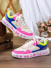 多巴胺风格拼色网眼拼布平底滑板鞋，舒适百搭，独特时尚万圣节限量版蜘蛛、南瓜、蝙蝠粉色涂鸦，低帮系带，防尘透气休闲运动鞋，适合女士 - 粉紅藍玫紅底白粉 - 查看 6