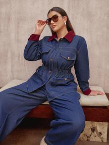 Sollinarry 2 st plus size kvinnor denim kontrastfärgad knapp framtill i midjan med fickdekor, jacka, topp och byxor, höst/vinter - Denimblå - Visa 3