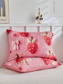 Juego de ropa de cama de 2/3 piezas con estampado digital 5D de fresa, juego de ropa de cama de dibujos animados lindo para todas las estaciones, funda de edredón para niños, niñas y adolescentes, suave, transpirable y lavable a máquina (1 funda de edredón + 1/2 fundas de almohada, sin relleno)