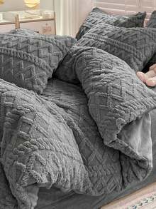 3 件炭灰色天鹅绒水晶天鹅绒柔软舒适羽绒被套套装（1 个羽绒被套 + 2 个枕套），适用于卧室、客房 - 深灰色 - 查看 7