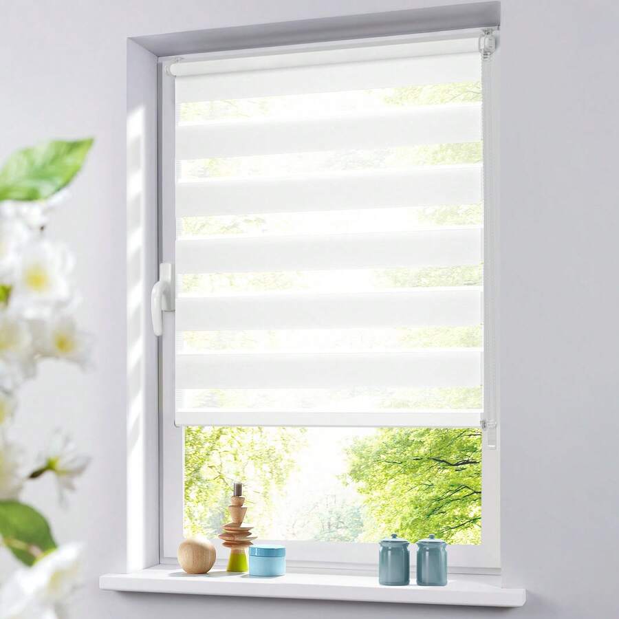 Zebra Blinds For Windows Pull Down Roller Window Shades Dual Layer Light Filtering Privacy For Day And Night, Corded Door Shades For Home Easy To Install - White - View 1