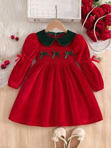 Girls Vintage Peter Pan Collar Dress With 3D Bow Decor, Long Sleeve, Suitable For Outings, Christmas Parties, And Daily Wear, Autumn - Red - View 3