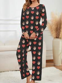 Conjunto de Pijama Personalizado Printstory para Mulheres, Pode Imprimir Qualquer Padrão, Presente Personalizado, Adequado para Família, Amigos e Festas de Feriados - Preto - Visão 3