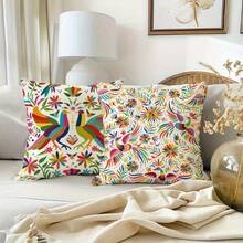 4PCS Mexican Floral Single-Side Print Throw Pillow Covers - 17.7*17.7 Inches, Colorful Abstract Floral Decorative Cushion Covers, Home Decoration, Suitable For Sofa, Bedroom, Office, Car, Farmhouse, Machine Washable With Zipper (Without Pillow Cores)