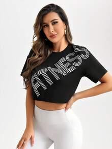 SHEIN Sports Camiseta deportiva ajustada con estampado de letras y teñido anudado - Negro - Ver 4