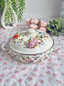 1set φ24cm/9.45in Multifunctional Extra-Thick Enamel Baking Pan, Double Handles And Enamel Lid - Perfect For Outdoor Gatherings, Stews, Soup Pots And Serving Dishes. Suitable For Food, Snacks, Fruits, Sushi, Pizza, Desserts